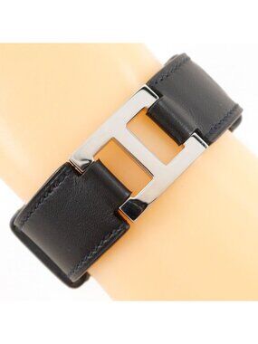 Hermes Logo Bracelet Vauchamonis Black Silver I Bangle